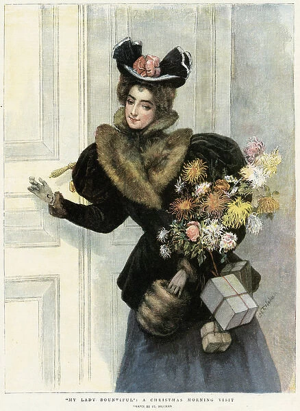 A Lady Visitor. A lady comes visiting with packets and a bouquet of flowers Date: 1896
