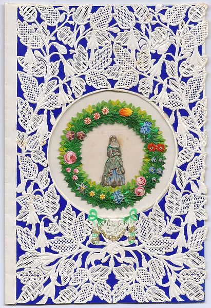 Lady with wreath of flowers on a paper lace romantic card