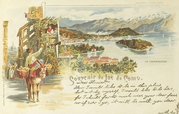 Lake Como, Italy. In an inset illustration, a young boy sitting sidesaddle