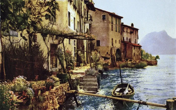 Framed Print : Lakeside scene with cottages, Italian-Swiss region Framed Print : Lakeside scene with cottages, Italian-Swiss region