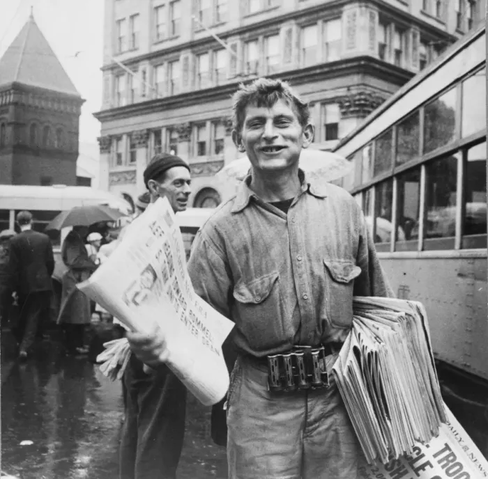 Framed Print : Lancaster, Pennsylvania. Newsman at Center Square on a rainy Framed Print : Lancaster, Pennsylvania. Newsman at Center Square on a rainy