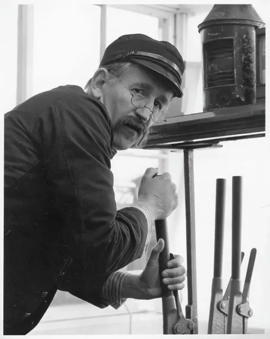 Framed Print : Lance Percival playing a signalman in Andy Robson Framed Print : Lance Percival playing a signalman in Andy Robson