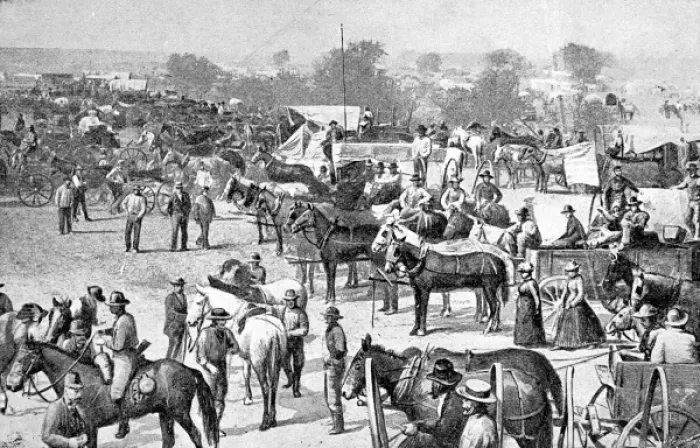 Framed Print : A Land-rush in the United States. The crowd waiting to take Framed Print : A Land-rush in the United States. The crowd waiting to take