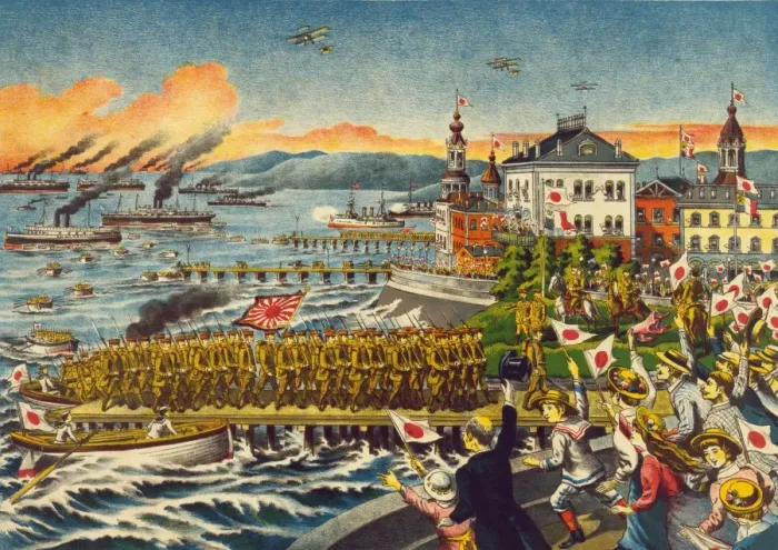 Framed Print : The landing of the Japanese army - Welcomed by every nation Framed Print : The landing of the Japanese army - Welcomed by every nation