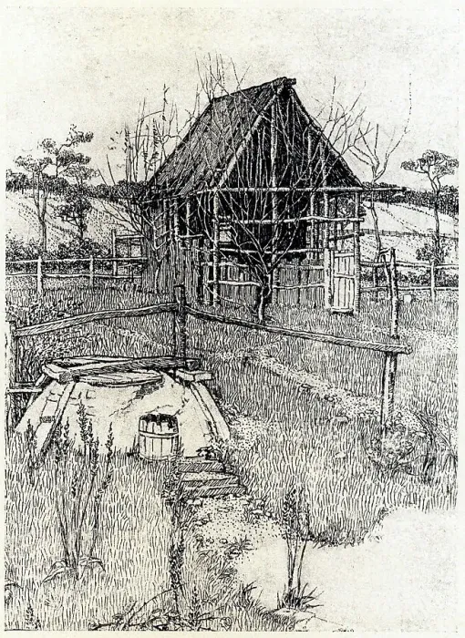 Framed Print : Landscape. This pen drawing shows a rickety wooden countryside structure Framed Print : Landscape. This pen drawing shows a rickety wooden countryside structure