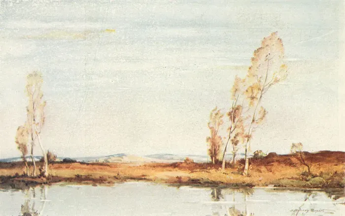 Framed Print : Landscape. A landscape painting of some slender trees on the bank of a river Framed Print : Landscape. A landscape painting of some slender trees on the bank of a river