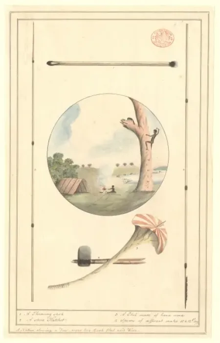 Framed Print : Landscape with aborigines, in tondo surrounded by tools Framed Print : Landscape with aborigines, in tondo surrounded by tools