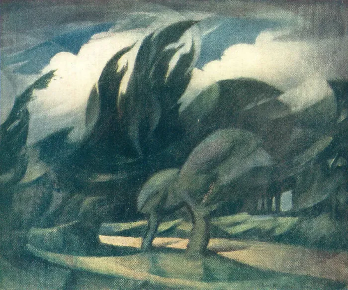 Framed Print : Wind. A landscape oil painting of some green trees Framed Print : Wind. A landscape oil painting of some green trees