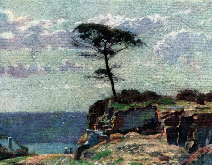 Framed Print : A landscape oil painting of a lone tree, ideally perched on a rock edge overlooking the ocean, beside a public footpath. Date: circa 1921 Framed Print : A landscape oil painting of a lone tree, ideally perched on a rock edge overlooking the ocean, beside a public footpath. Date: circa 1921