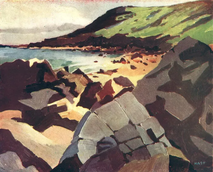 Framed Print : Ebber. A landscape oil painting of a rocky beach, with a curving shoreline Framed Print : Ebber. A landscape oil painting of a rocky beach, with a curving shoreline