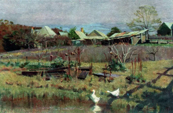 Framed Print : A landscape oil painting showing a settlement of farm houses in the distant background, with a pond in the foreground inhabited by a couple of geese. Date: circa 1921 Framed Print : A landscape oil painting showing a settlement of farm houses in the distant background, with a pond in the foreground inhabited by a couple of geese. Date: circa 1921