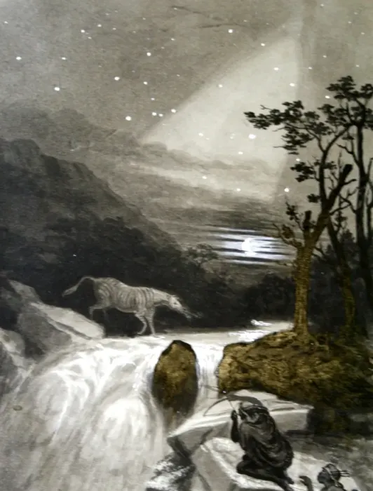 Framed Print : Landscape with stream, stars and hunters Framed Print : Landscape with stream, stars and hunters