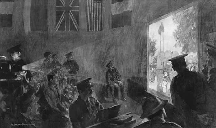 Framed Print : A lantern lecture for soldiers in a YMCA hut, WW1 Framed Print : A lantern lecture for soldiers in a YMCA hut, WW1