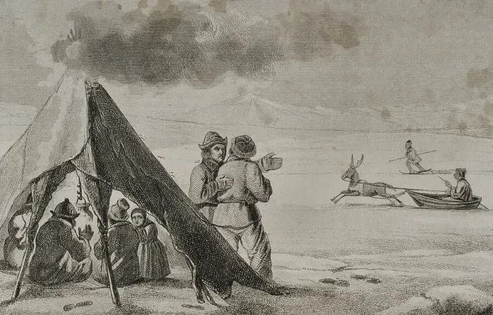 Framed Print : Lapland. Laplander in a tent. Engraving, 19th century Framed Print : Lapland. Laplander in a tent. Engraving, 19th century