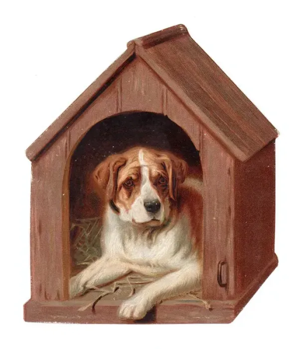 Framed Print : Large dog in its kennel on a Christmas card Framed Print : Large dog in its kennel on a Christmas card