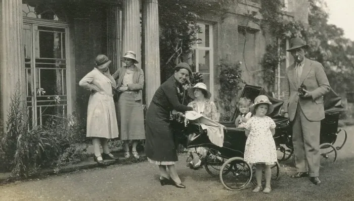 Framed Print : Large family group by front entrance of Oddington House Framed Print : Large family group by front entrance of Oddington House