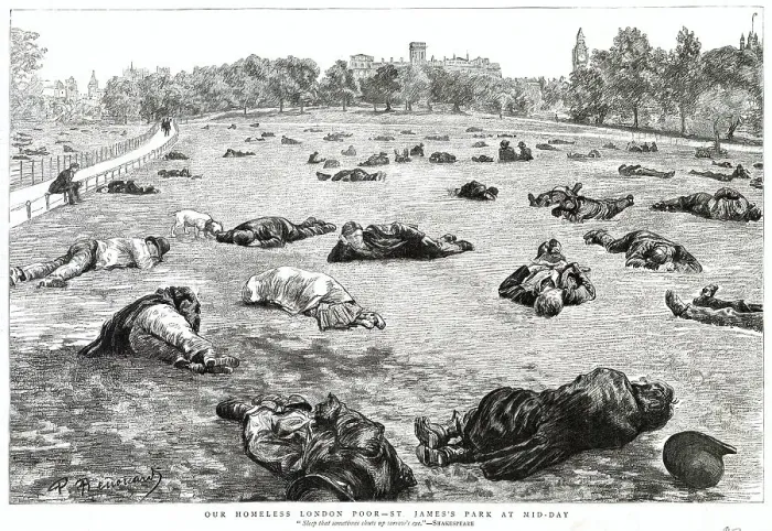 Framed Print : A large number of vagrants asleep in St. James's Park Date: 1887 Framed Print : A large number of vagrants asleep in St. James's Park Date: 1887