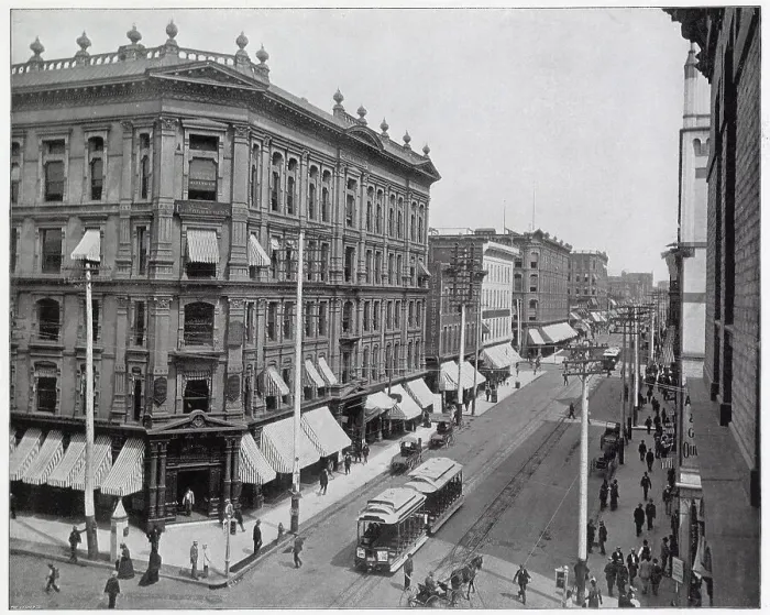 Framed Print : Larimer Street, Denver, the main thoroughfares in the city. Just 37 years after the first cabin was erected on the site of Denver in 1858. Date: circa 1895 Framed Print : Larimer Street, Denver, the main thoroughfares in the city. Just 37 years after the first cabin was erected on the site of Denver in 1858. Date: circa 1895