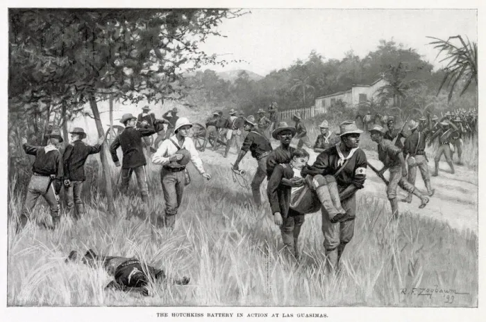Framed Print : LAS GUASIMAS The American Hotchkiss battery in action in June 1898. Date: 1898 Framed Print : LAS GUASIMAS The American Hotchkiss battery in action in June 1898. Date: 1898