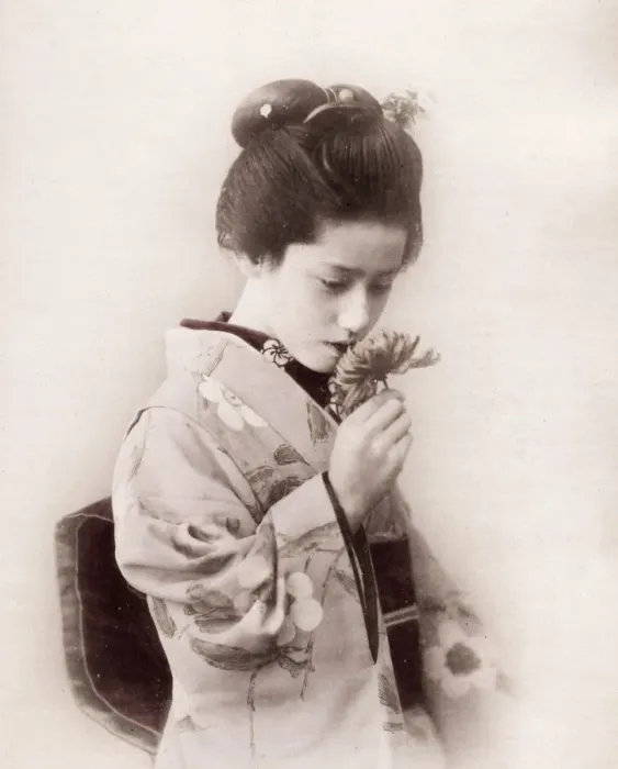 Framed Print : Late 19th century - young Japanese woman and flower Framed Print : Late 19th century - young Japanese woman and flower