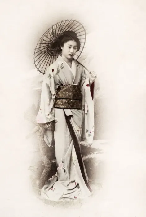 Framed Print : Late 19th century - young Japanese woman, parasol