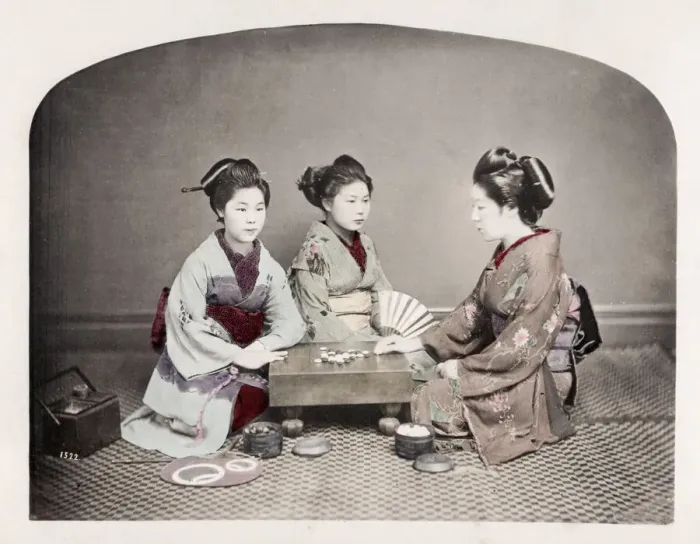 Framed Print : Late 19th century - young Japanese women, board game Framed Print : Late 19th century - young Japanese women, board game