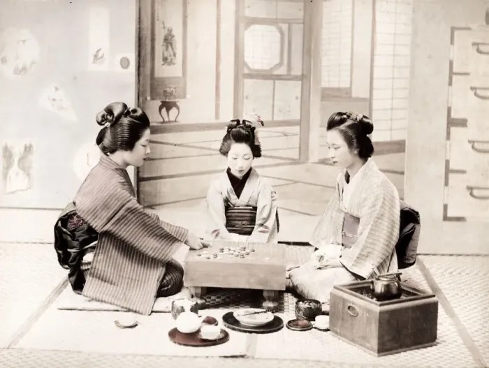 Framed Print : Late 19th century - young Japanese women, board game Framed Print : Late 19th century - young Japanese women, board game