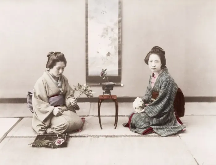 Framed Print : Late 19th century - young Japanese women, flowers Framed Print : Late 19th century - young Japanese women, flowers