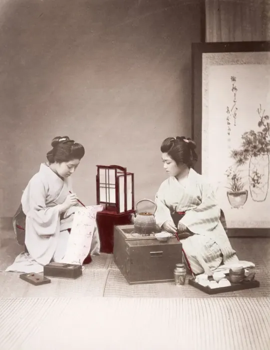 Framed Print : Late 19th century - young Japanese writing, tea stove Framed Print : Late 19th century - young Japanese writing, tea stove