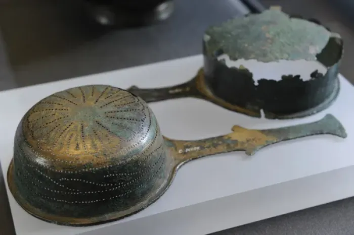 Framed Print : Late Roman Iron Age (c. 160-375 A. C. ). Bronze strainer and l Framed Print : Late Roman Iron Age (c. 160-375 A. C. ). Bronze strainer and l