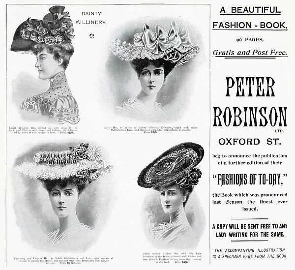 Latest fashions of elegant womens hats, advertised in Peter Robinson