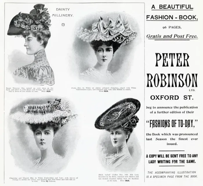 Framed Print : Latest fashions of elegant womens hats, advertised in Peter Robinson Framed Print : Latest fashions of elegant womens hats, advertised in Peter Robinson