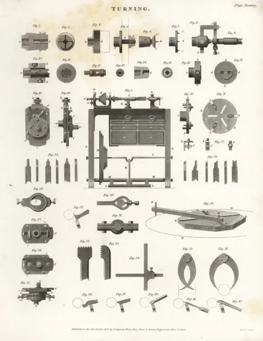 Framed Print : Lathe turning equipment, bits and machinery, 19th century Framed Print : Lathe turning equipment, bits and machinery, 19th century
