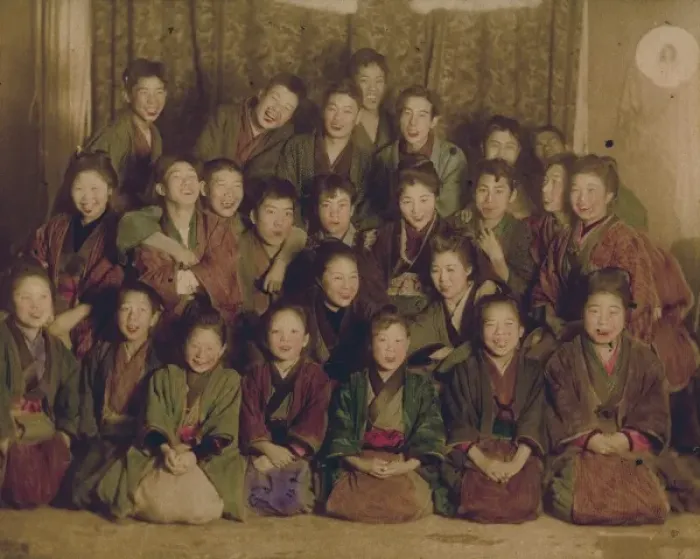 Framed Print : Laughing young men and women in kimonos Framed Print : Laughing young men and women in kimonos