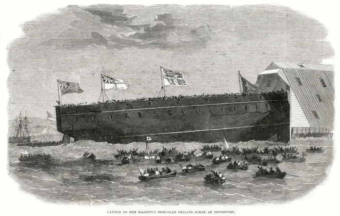 Framed Print : Launch of Her Majestys Ironclad Frigate at Devonport Date: 1863 Framed Print : Launch of Her Majestys Ironclad Frigate at Devonport Date: 1863