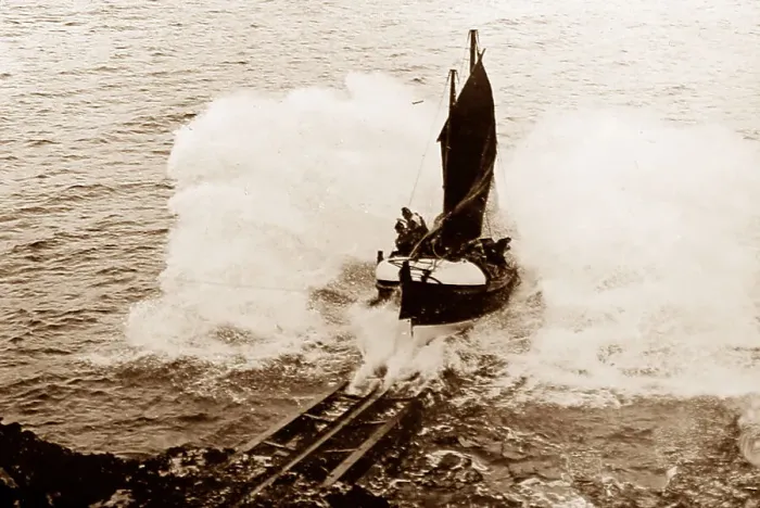 Framed Print : Launching a lifeboat, early 1900s Framed Print : Launching a lifeboat, early 1900s