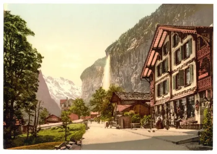 Framed Print : Lauterbrunnen Valley, street view with Staubbach Waterfall