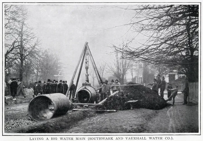 Framed Print : Laying big main water pipes, Southwark and Vauxhall 1900 Framed Print : Laying big main water pipes, Southwark and Vauxhall 1900