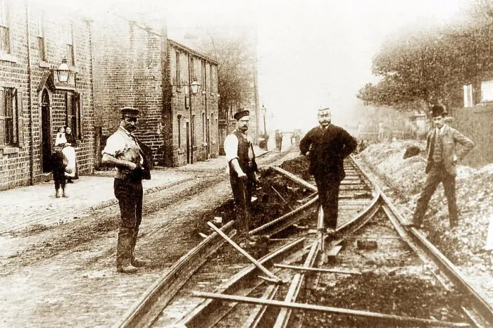 Framed Print : Laying tram tracks at Reedsholme, Rawtenstall, early 1900s Framed Print : Laying tram tracks at Reedsholme, Rawtenstall, early 1900s