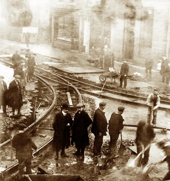 Framed Print : Laying tram tracks in Waterfoot, early 1900s Framed Print : Laying tram tracks in Waterfoot, early 1900s