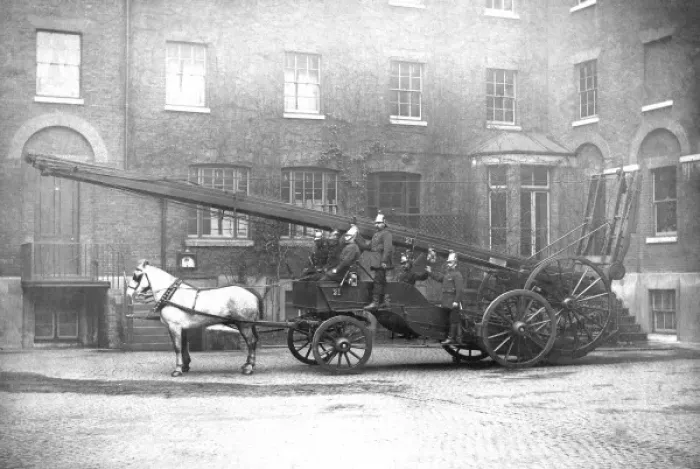 Framed Print : LCC-LFB horse drawn escape cart and ladder Framed Print : LCC-LFB horse drawn escape cart and ladder