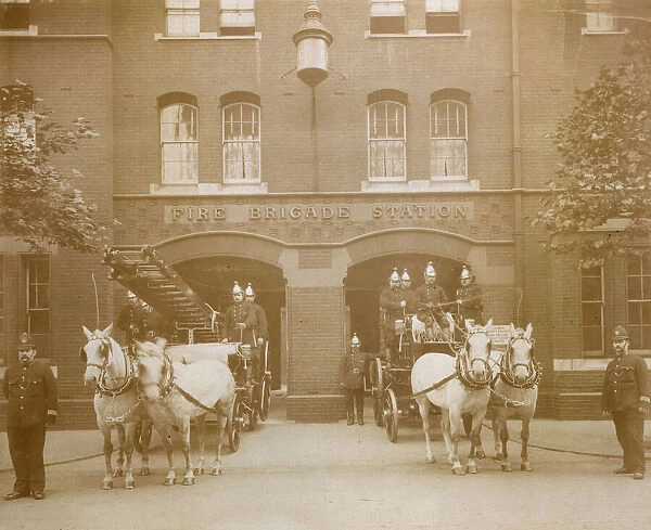 LCC-LFB horse drawn vehicles outside a fire station