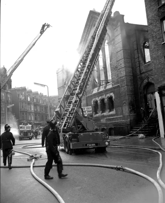Framed Print : LCC-LFB Major church fire, Lower Sloane Street, SW1 Framed Print : LCC-LFB Major church fire, Lower Sloane Street, SW1