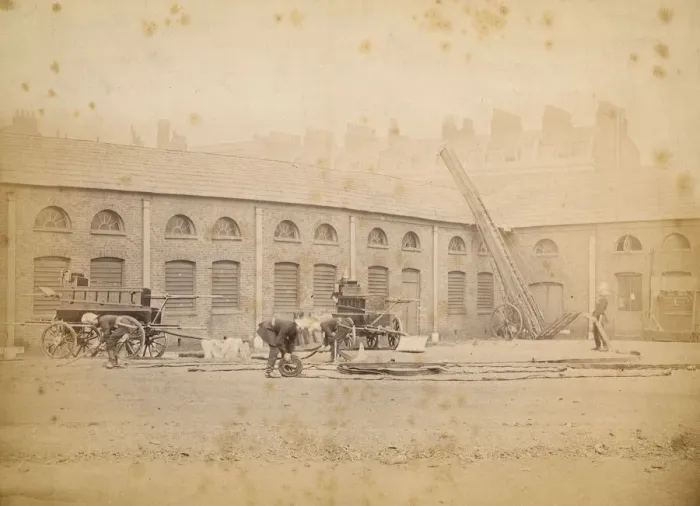 Framed Print : LCC-MFB station yard with men and appliances Framed Print : LCC-MFB station yard with men and appliances