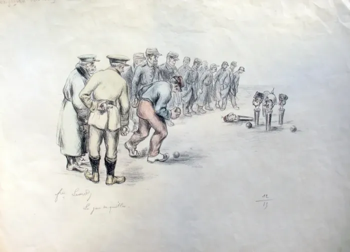 Framed Print : Le Jeu de Quiller Allied soldiers playing skittles Framed Print : Le Jeu de Quiller Allied soldiers playing skittles