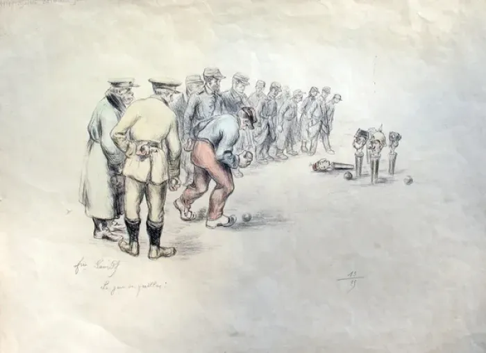 Framed Print : Le Jeu de Quiller Allied soldiers playing skittles Framed Print : Le Jeu de Quiller Allied soldiers playing skittles