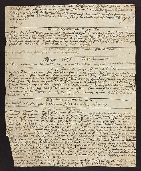 Diary. Leaf from a diary, paper. Dated December (1644) to February 1645