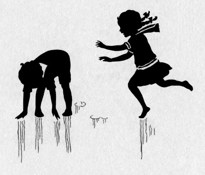 Framed Print : Leapfrog. Silhouette of boy and girl playing leapfrog.Date: circa 1930 Framed Print : Leapfrog. Silhouette of boy and girl playing leapfrog.Date: circa 1930