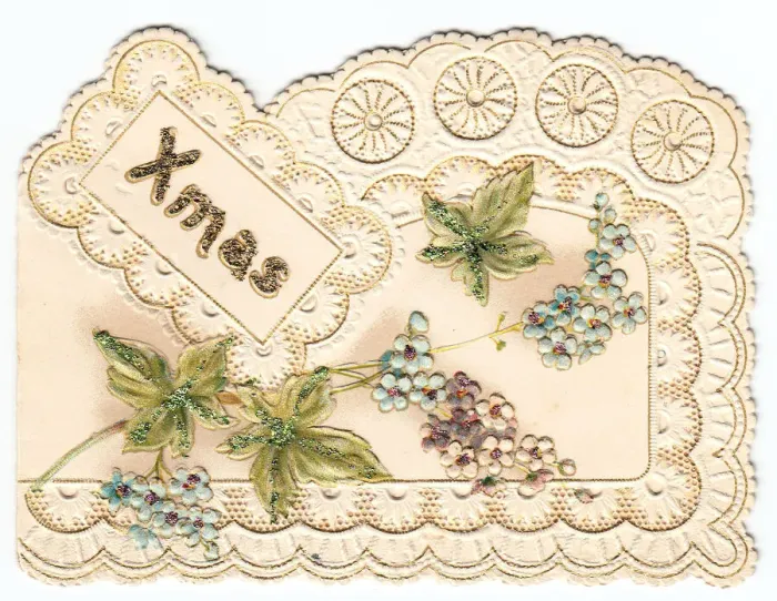 Framed Print : Leaves and flowers on a lacy Christmas card Framed Print : Leaves and flowers on a lacy Christmas card