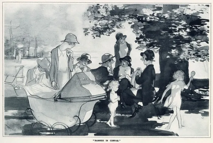 Framed Print : Leaves from Life: a New Series of Studies by Edmund Blampied. A group of children enjoying themselves in the park while their nannies exchange gossip of their various households. Date: 1933 Framed Print : Leaves from Life: a New Series of Studies by Edmund Blampied. A group of children enjoying themselves in the park while their nannies exchange gossip of their various households. Date: 1933